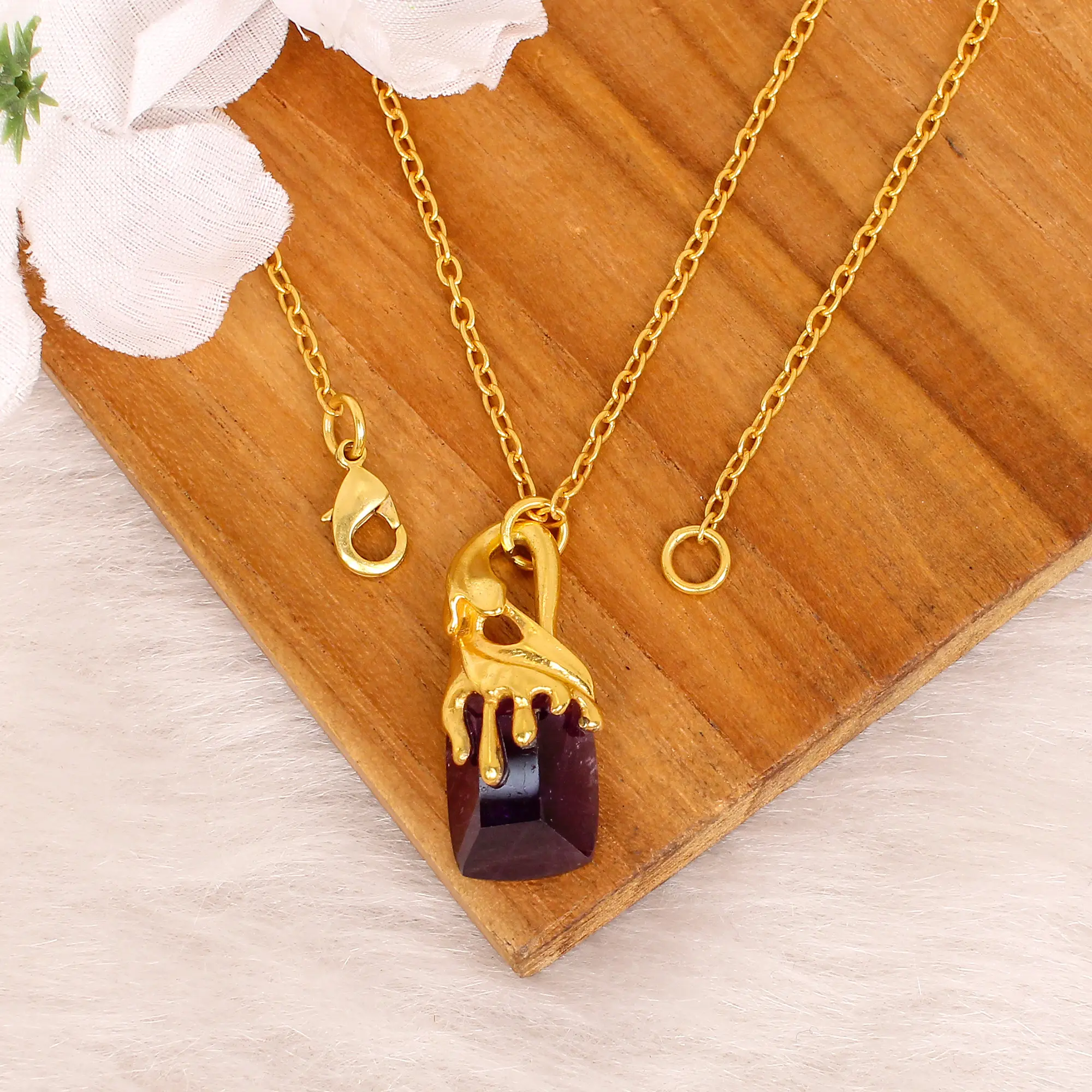 Ametista idro placcato oro 24 pollici catena lunga collana in ottone fatta a mano gioielli con pietre preziose di design