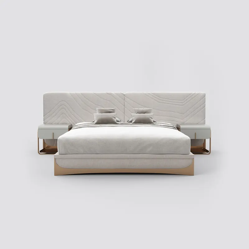 Mobília do quarto cama king size com armazenamento de aço inoxidável tecido luxo duplo camas de coldre