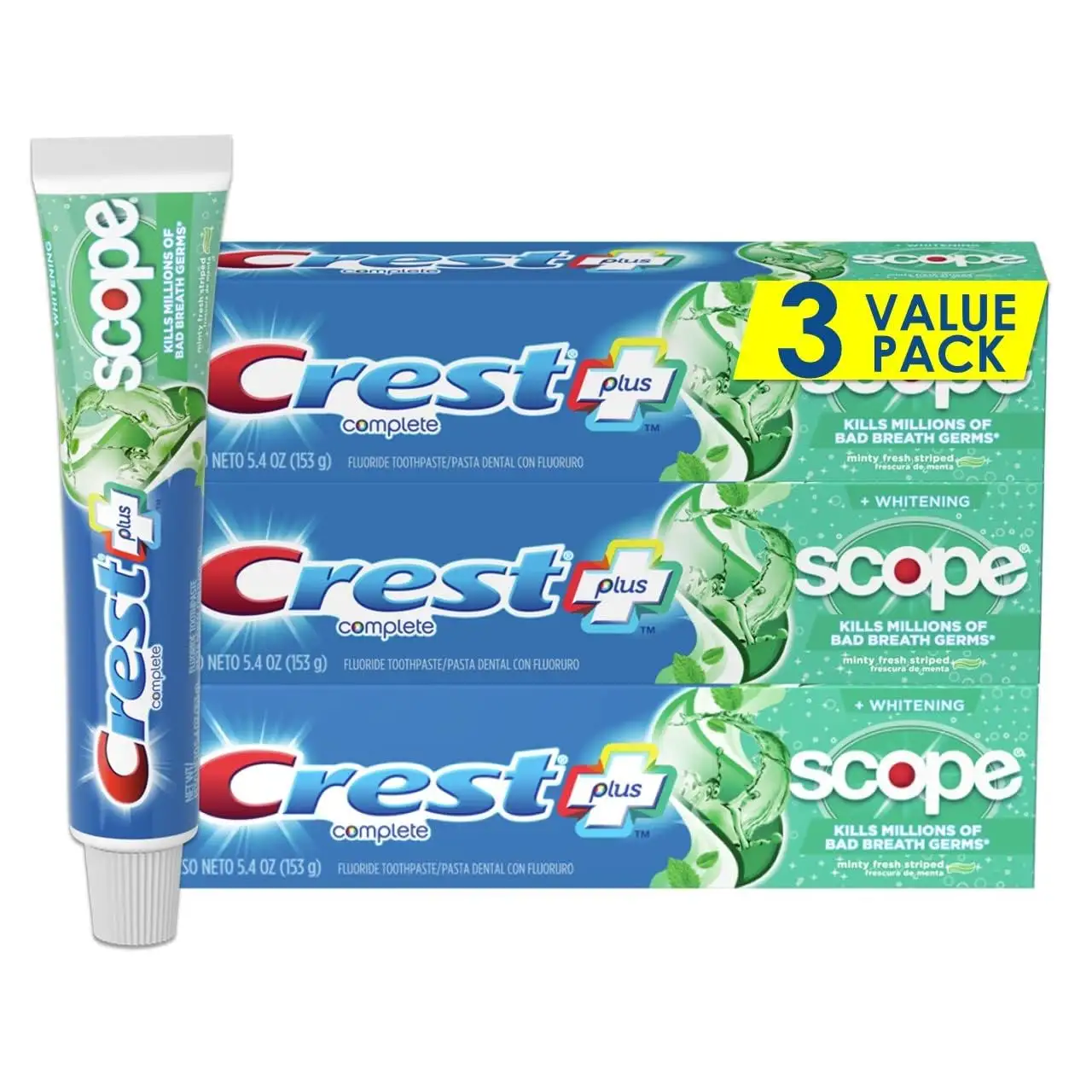 Pack of 3 crest plus scope kills of breath germs bulk quantity available for sale