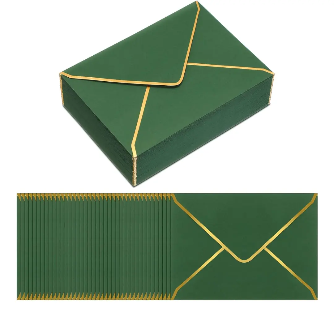Модный зеленый плоский бумажный конверт с золотой каймой для свадебных подарочных открыток приглашения на выпускной детский душ вечеринки