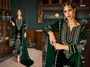 设计师刺绣紫色蓝色天鹅绒Salwar Kameez三件套，配有现成的Kurta Palazzo和Dupatta派对服装
