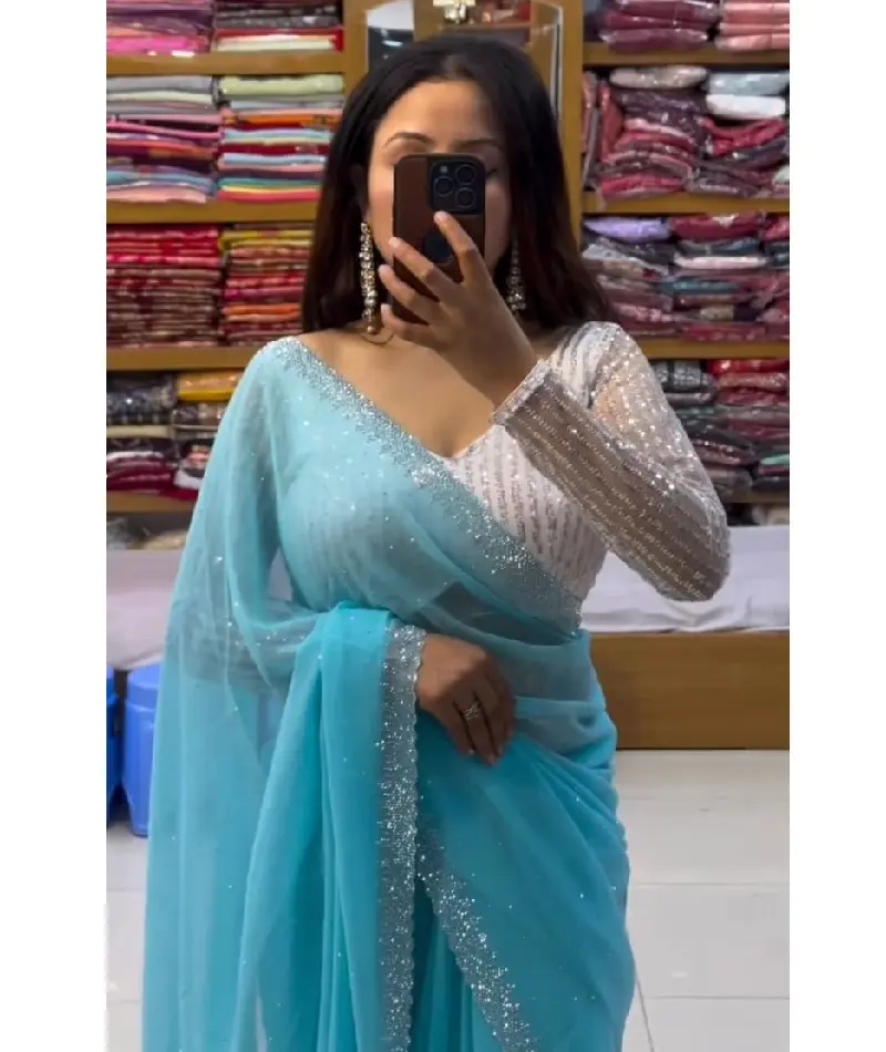 Tendencia India Bellamente diseñado Sari Heavy Rangoli Seda con Secuencia Trabajo Encaje Borde Sari y blusa Piezas para fiesta