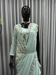 苏拉特最新设计师服装人造乔其纱线工作纱丽和夹克衬衫