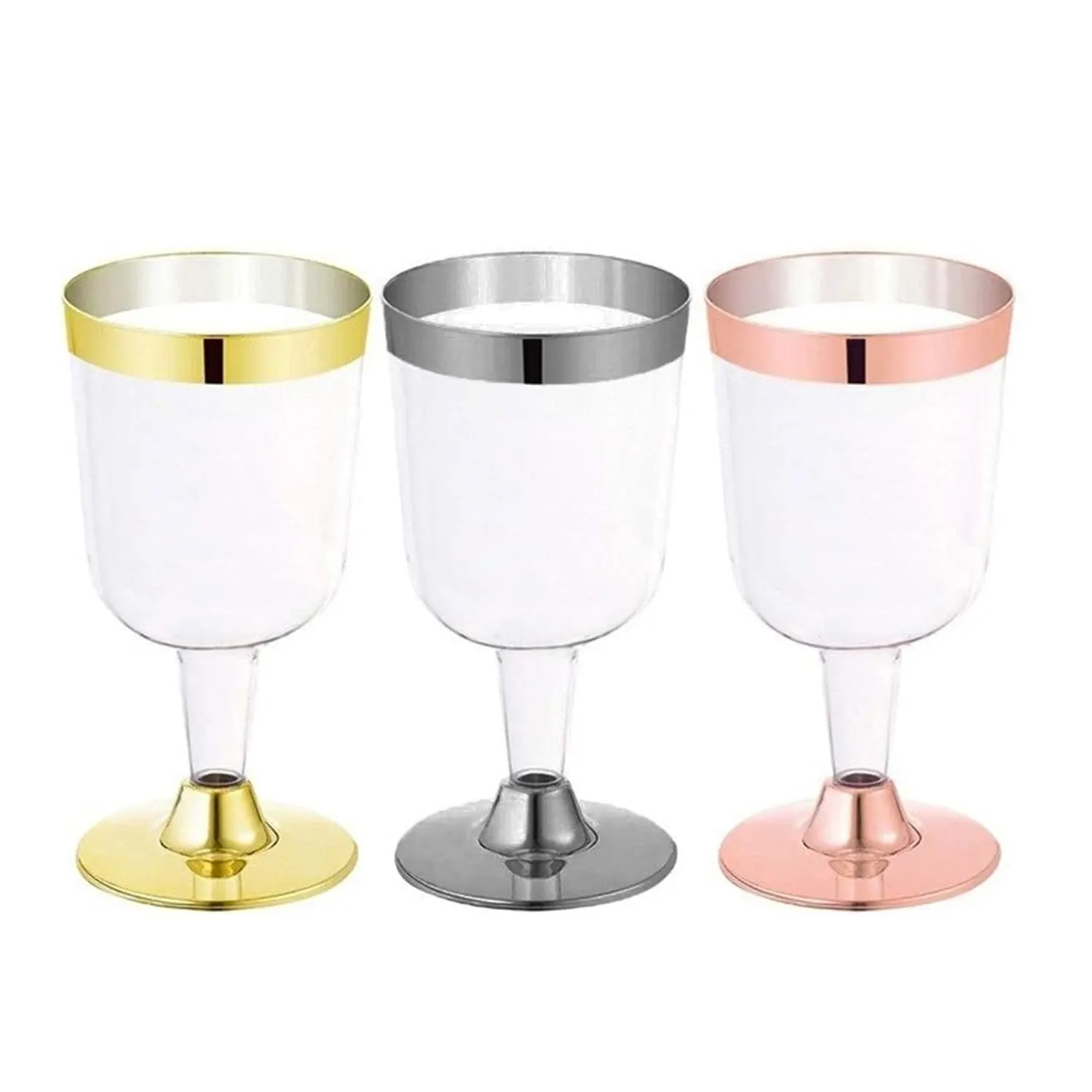 屋外ピクニック飲用器具ピンクゴールドシルバーリムアイスクリームカップ、結婚披露宴用ステム付き使い捨てワイングラス