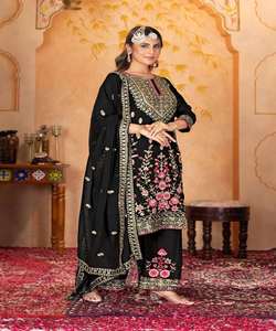 Top de trabajo de secuencia de bordado de seda de Chinon hermoso negro de diseñador Sharara Palazzo con Dupatta en el precio más bajo
