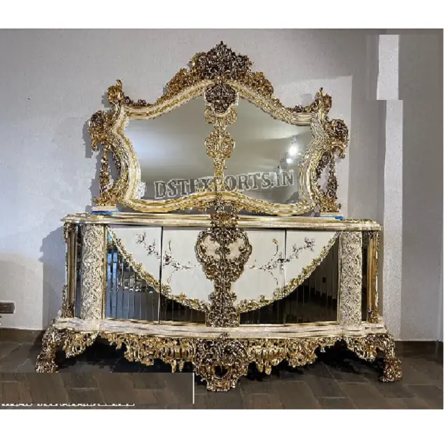 Mesa de consola de comedor barroca altamente elaborada de lujo, tocador tallado a mano de gama alta, tocador de sombra pulido de nogal con espejo