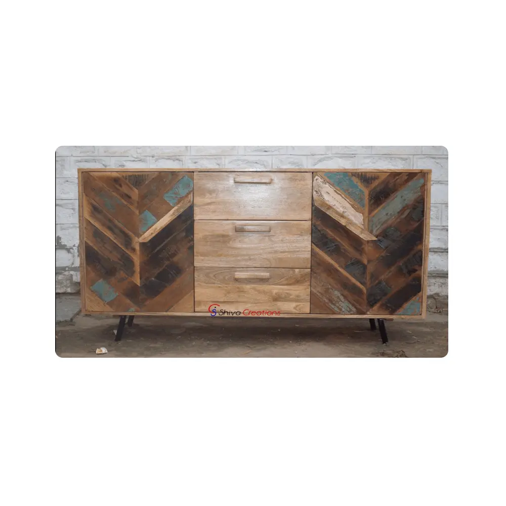 Antique Handmade Traditional Wooden Cabinet 3 Drawer 2 Doors with Metal Legs Industrial Furniture Indoor Furniture
