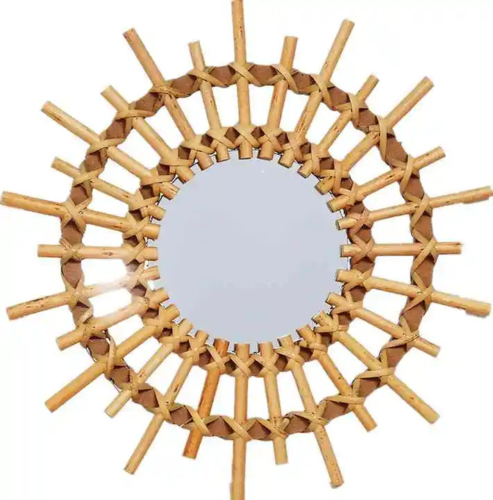 Natural Rattan Sunburst Bohemian Hanging Glass Decor Rústico Handwoven Innovative Art Decoração Round Makeup Mirror para Vestir