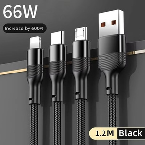 マルチ充電ケーブル3 in 1ナイロン編組マルチUSBケーブル複数充電器66W 6A携帯電話用高速充電コード - Product Image 4