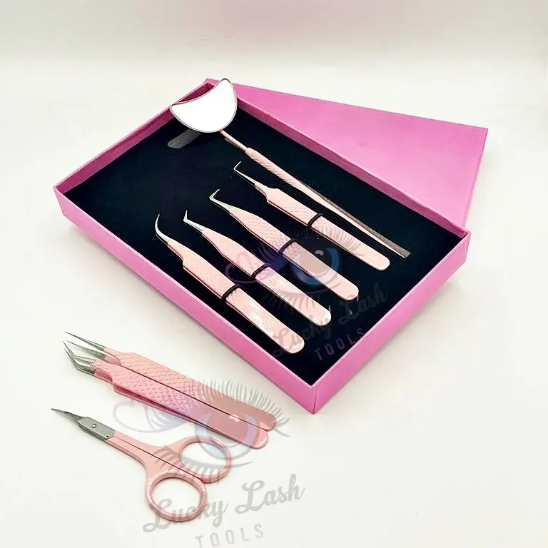 light pink color eyelash extension tweezers with mirror and scissor fiber tips tweezers for eyelash extension lash tools sets