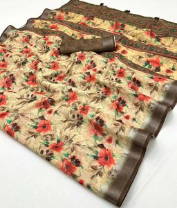 South Indian Style Beautiful Design All Over Digital Printed Pure Linen Fabric Silver Belt Work Long Length Fashionable Saree - Product Image 4
