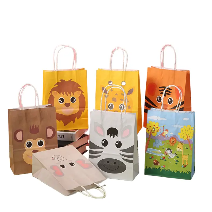 Reusable custom colorful printing cute animal pattern candy packaging shopping kraft paper gift bags with logo for kids party