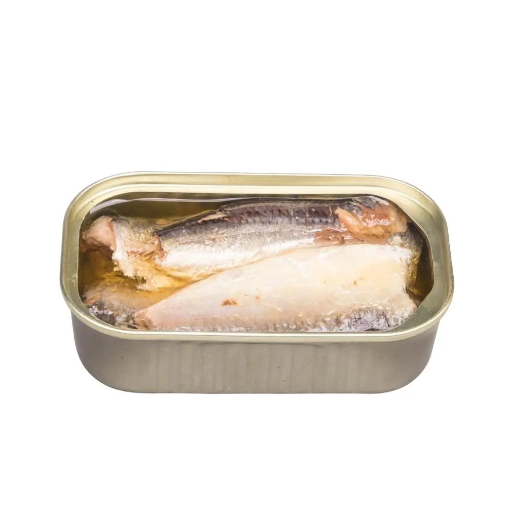 Pescado de sardina enlatado directamente de fábrica en aceite vegetal 125g lata plana pescado enlatado mariscos Alemania