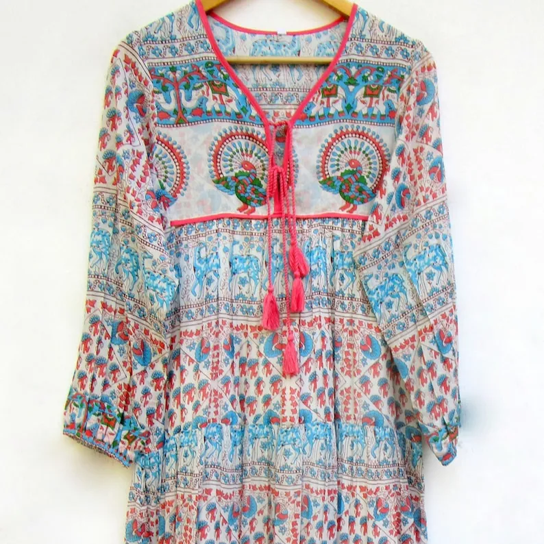 Vintage Hippie vêtements femmes longue Kurta plage couvrir nuit tunique Kimono demoiselle d'honneur Maxi indien coton caftan ligne tunique