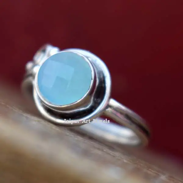 Vendita calda sfaccettata calcedonio blu gemma dichiarazione gioielli 925 argento Sterling anello fatto a mano a prezzo all'ingrosso