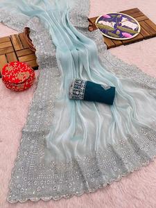 Yetişkin fantezi ipek Sari ile Sequins nakış ve kesim iş sınır pakistan tarzı düğün ve parti kadınlar için Suit - Product Image 2