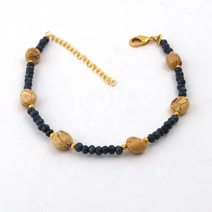 Bellissima pietra di zaffiro blu con perline con taglio sfaccettato bracciale regolabile con immagine fatta a mano diaspro perline placcate in oro gioielli