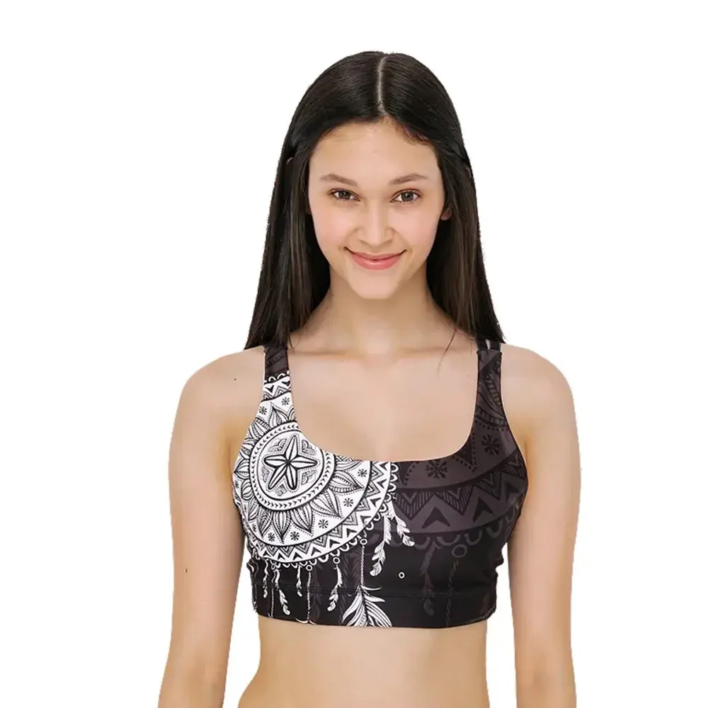 Sujetador deportivo personalizado sublimación impresa para damas en tela de poliéster 100% espalda cruzada sujetador de ropa de Yoga para mujeres con diseño personalizado