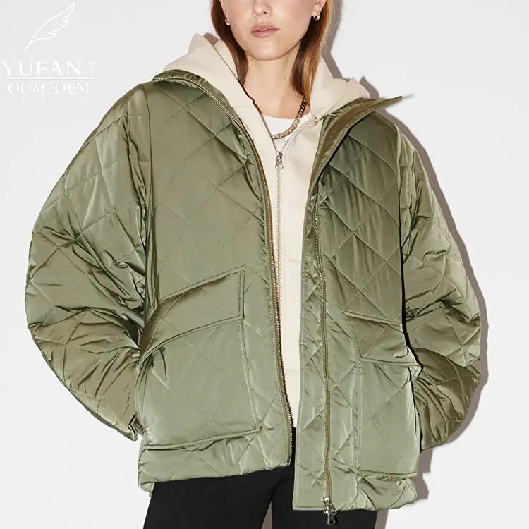 YuFan Custom 2024 OEM ODM Armee grüner gesteppter Mantel Polarfleece Liner Damen Daunenjacke Stehkragen Daunenjacke