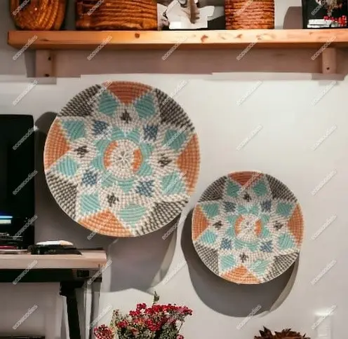 Decoración de Material de ratán con forma de cuenco, cesta de pared de forma redonda tejida, plato de fruta seca colgante, decoración de sala de estar, cestas para el hogar