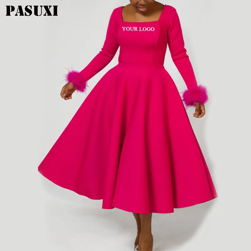 PASUXI Christmas New Hot Sale Winter Ladies Plush Decoration Long Sleeve Solid Color Big Skirt Dress For Women