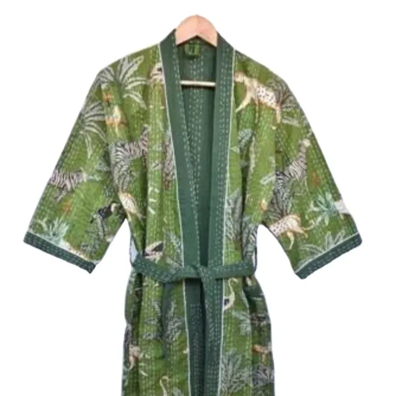 Nueva llegada Jungle Safari Print Nightwear Robes Vintage Silk Kimono Robe Beach Wear Kimono Casual para mujeres a precio de fábrica