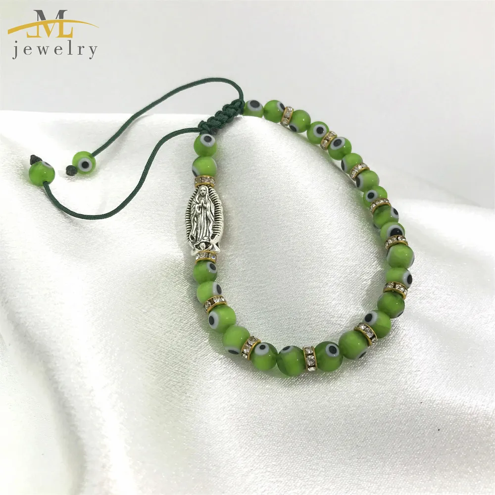 Jml Green String Virgin Mary verstellbares Seil Armband Viel Glück Murano Glas Türkisches Auge Evil Eyes Perlen Armband für Frauen