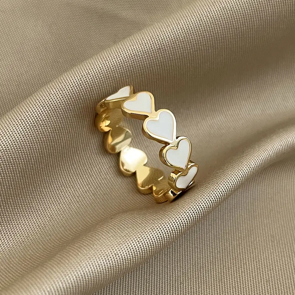 Coreano simples anéis sem pedra esmalte eternidade banda anel 18k banhado a ouro corações forma dedo anel