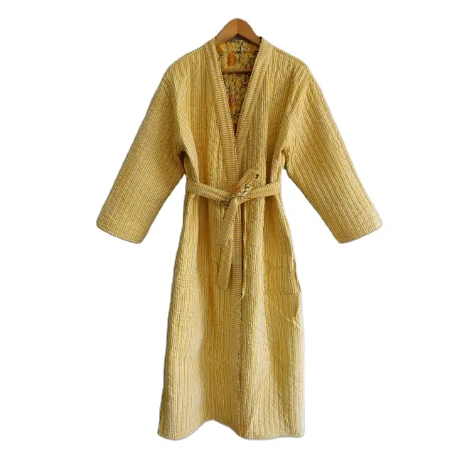 Soft Cotton Quilted Kimono Bathrobe Dress Hand Block Print Ladies Casual Wear Dressing Gown