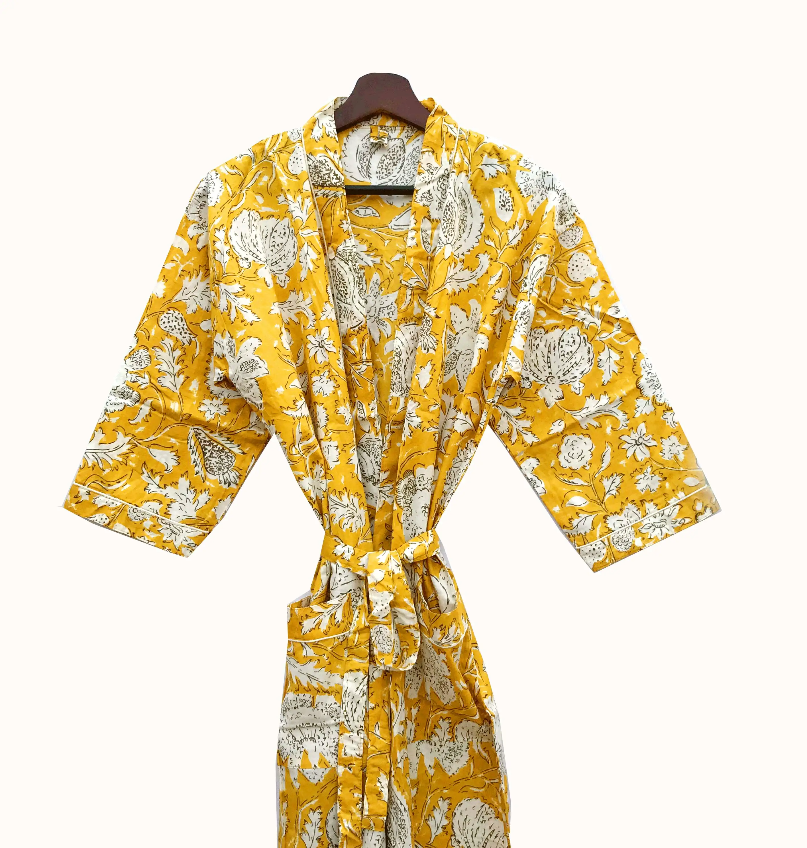 पीले पुष्प मुद्रित शुद्ध कपास घर किमोनो रोबे नाइट पहनने के लिए महिला उपहार