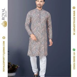 <strong>Designer</strong> Latest <strong>Kurta</strong> Round <strong>Neck</strong> Collar with Simple Sequence Work Mens <strong>Kurta</strong> Pajama Set Wholesale Cheap Rate Surat - Product Image 3