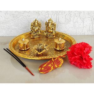 Direct from Indian supplier Brass Deep Embossed Design <strong>Shree</strong> Ganesh &amp; Laxmi 6 Pieces Set <strong>Pooja</strong> Thali, Width-23.11 cm - Product Image 3