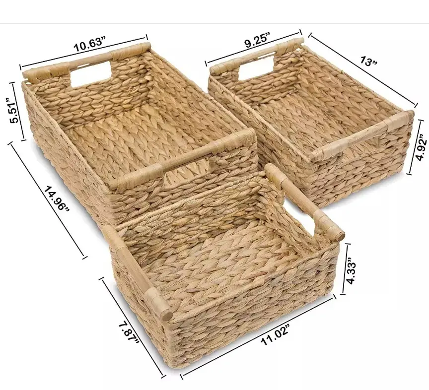 Set 3 Wicker Rectangular Baskets with Wooden Handles for Shelves Water Hyacinth Storage Baskets Natural Seagrass for Organizing