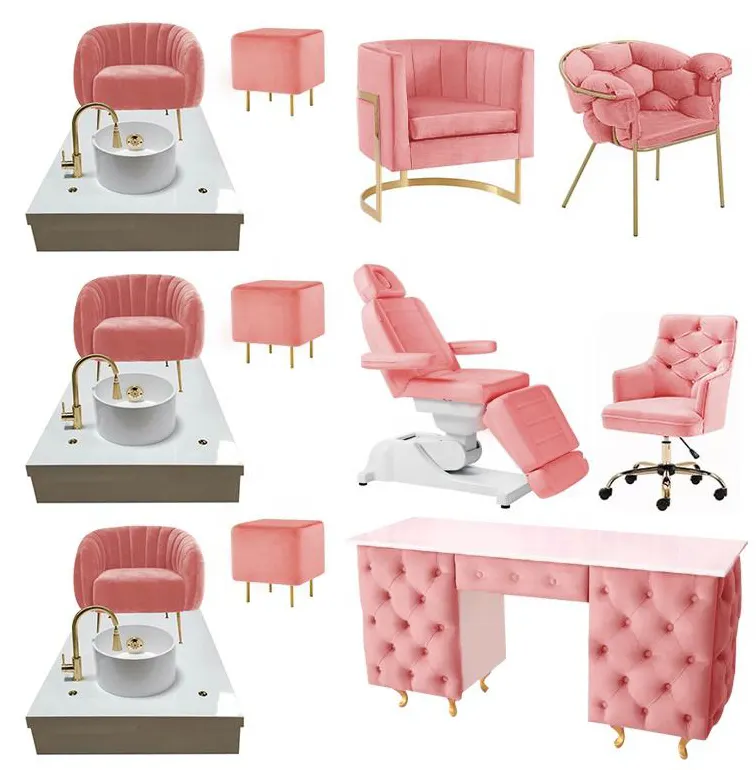 Ensembles de meubles de salon de beauté des ongles Tables de manucure et chaises de pédicure roses Chaise de spa de pédicure rose vif Verre personnalisé Moderne