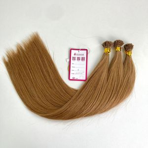 Düz açık kahverengi renk #8 <span class=keywords><strong>18</strong></span> inç ben ucu iki kez işlenmiş postişler ipeksi düz Keratin I ucu insan saçı postiş