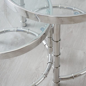 Mesas nido modernas inspiradas en Bambú, tapa de vidrio con acabado cromado, mesas auxiliares apilables redondas para decoración de sala de estar u oficina - Product Image 4