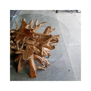 Fabrika doğrudan lüks 6 koltuklu Driftwood yuvarlak yemek masası cam Reclaimed tik ağacı kök masa ile otel restoran masa için - Product Image 1