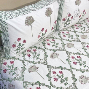 Indian Handcrafted Double Bed <strong>Sheet</strong> 400TC Percale Soft Cotton Fabric Hand Block Printed Flower Design Bedsheet With Stock <strong>Jaipur</strong> - Product Image 1