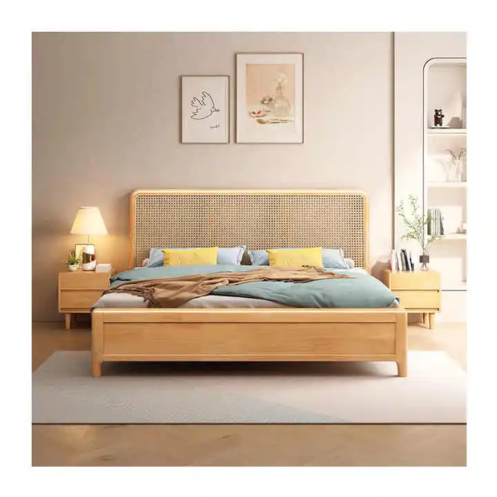 Queen bed frame in legno di legno nordico rattan in legno letti king size doppia camera da letto mobili letto moderno