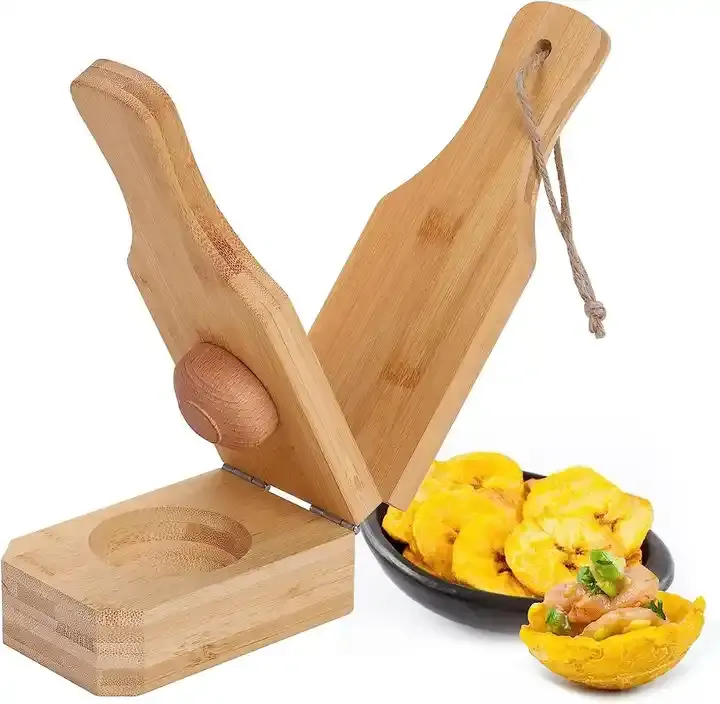 FV61 Wholesale Fruit & Vegetable Tools Wooden Bamboo Tostonera Toston Maker Banana Plantain Press Masher 2 In 1