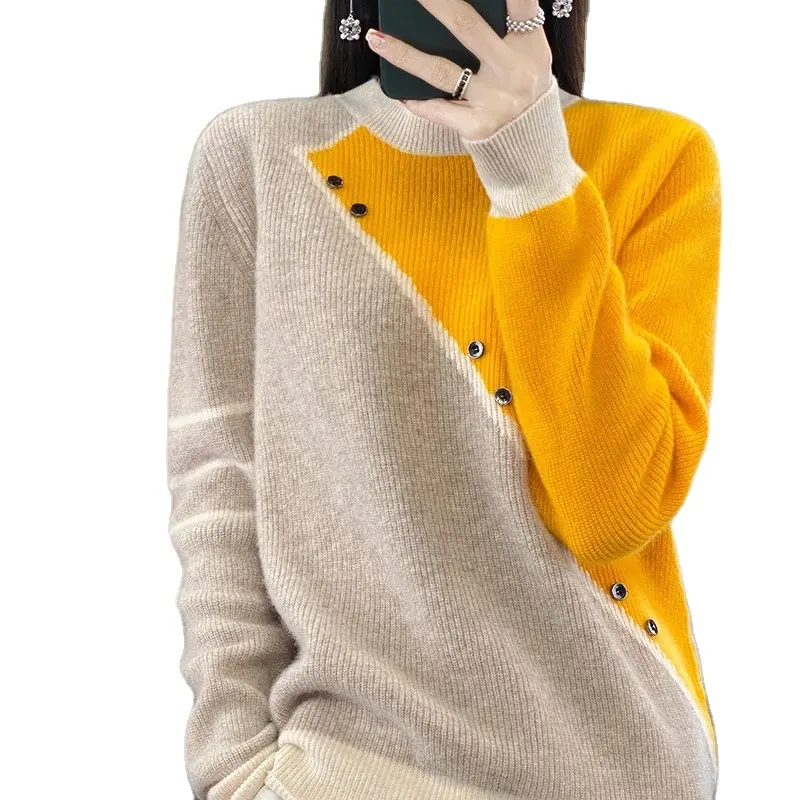Sweater wol rajut wanita, atasan hangat setengah Turtleneck longgar gaya kasmir musim gugur dan musim dingin 100%