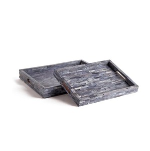 Ev partileri için özelleştirilebilir inci kemik kakma annesi ile iki büyük Vintage gri dikdörtgen servis tepsileri Set - Product Image 1