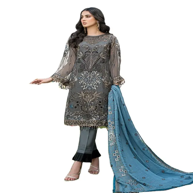 Pakaian pesta Shalwar kameez cocok untuk wanita di kain sifon kualitas tinggi dengan bordir sangat halus