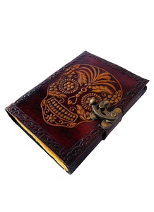 Handmade Soft Genuine Leather Day of the Dead Skull Embossed Design <strong>Notebook</strong> <strong>With</strong> Brown &amp; Yellow <strong>Color</strong> Journal Writing <strong>Note</strong> Book - Product Image 4