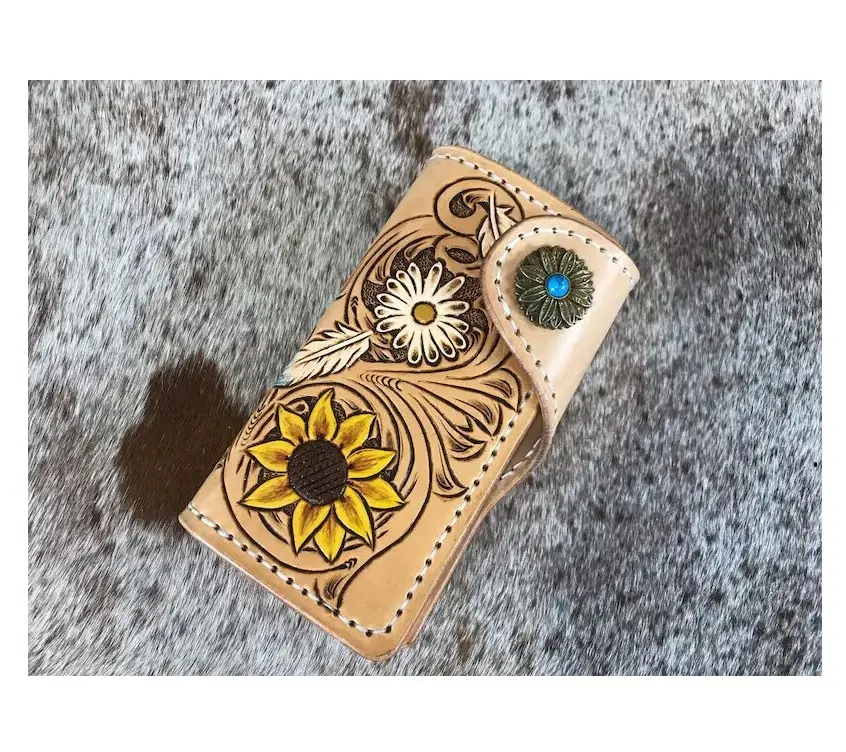 Best Selling Customized Hand Made Durable Leather Designer Floral Pattern Smart Phone Wallet At Wholesale Manufacture