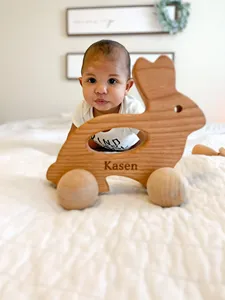 El hazırlanmış ahşap Bunny itme oyuncak-<span class=keywords><strong>waldorf</strong></span> ve Montessori hayvan oyuncak Bunny araba doğum günü hediyesi için Boys için 0-6 ay