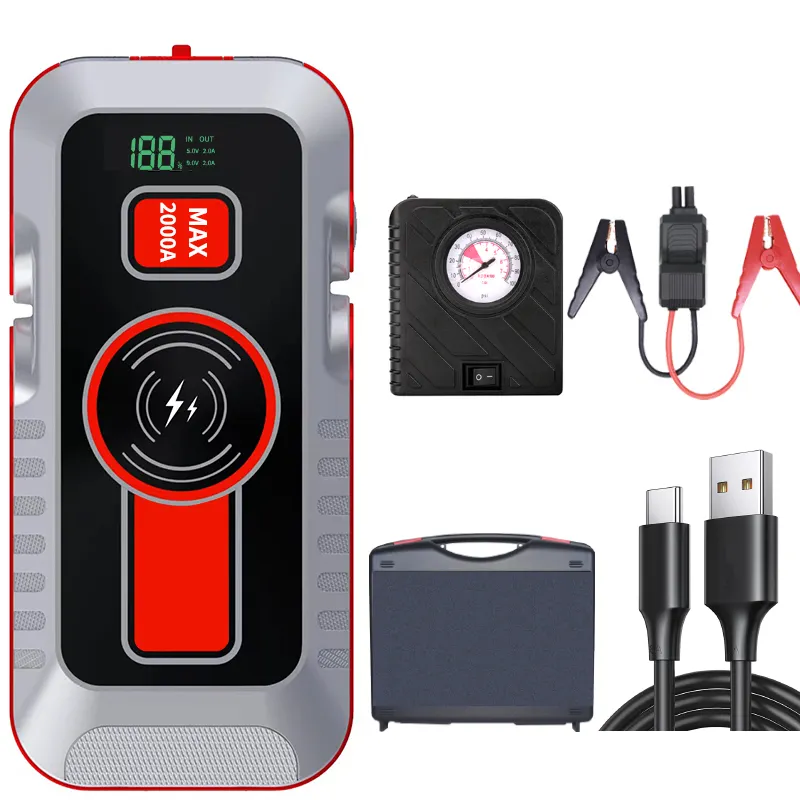 Bank daya mobil portabel, Starter lompat baterai mobil 16800mah 2000A 12v dengan senter, kabel Starter keselamatan