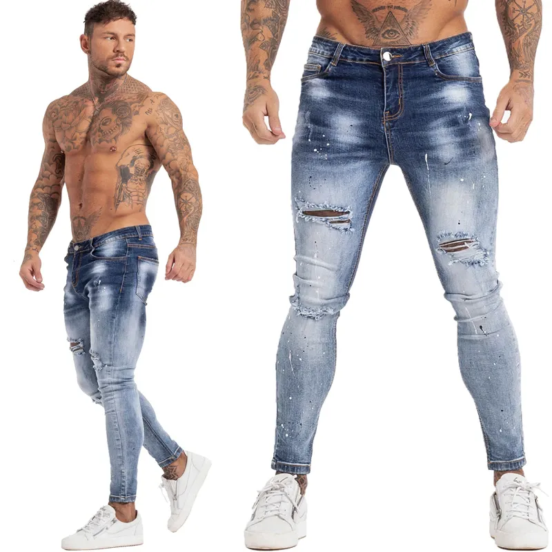 2024 Offre Spéciale maigre hommes jeans haute rue lavage trou patchs jambe serrée droite bleu hommes denim jeans pantalon