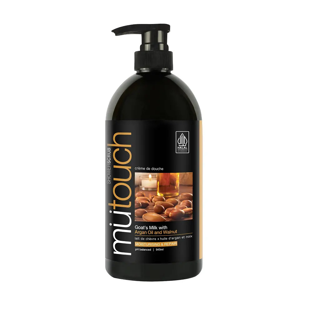 Produk mandi kualitas OEM/ODM merek Exfoliates fitur Mutouch Shower Scrub Argan minyak & Walnut 1000ML Malaysia