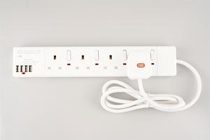 WK 13A带2个<span class=keywords><strong>USB</strong></span>充电器的4路扩展电源插座，带霓虹灯的单独开关电涌保护